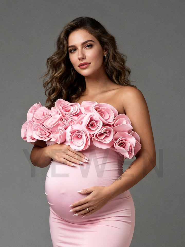 Pink Mermaid Maternity Dress with Rose Flower Baby Shower Gown for Pregency Women
