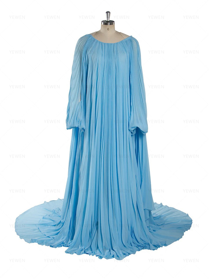 Flowing Pleated Blue Maternity Gown for Photoshoot Elegant Off Shoulder Pregnancy Dress with Long Train YW250071