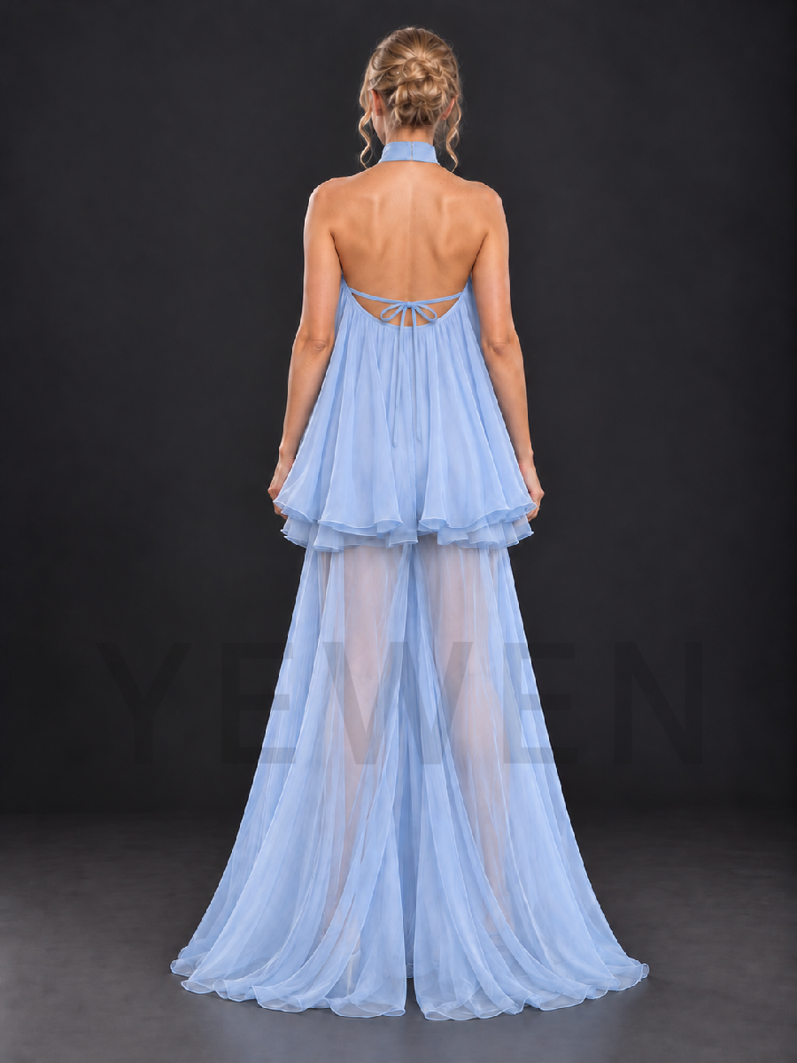 Blue Halter Sheer Tulle Wide-Leg Maternity Photoshoot Gown HA261002