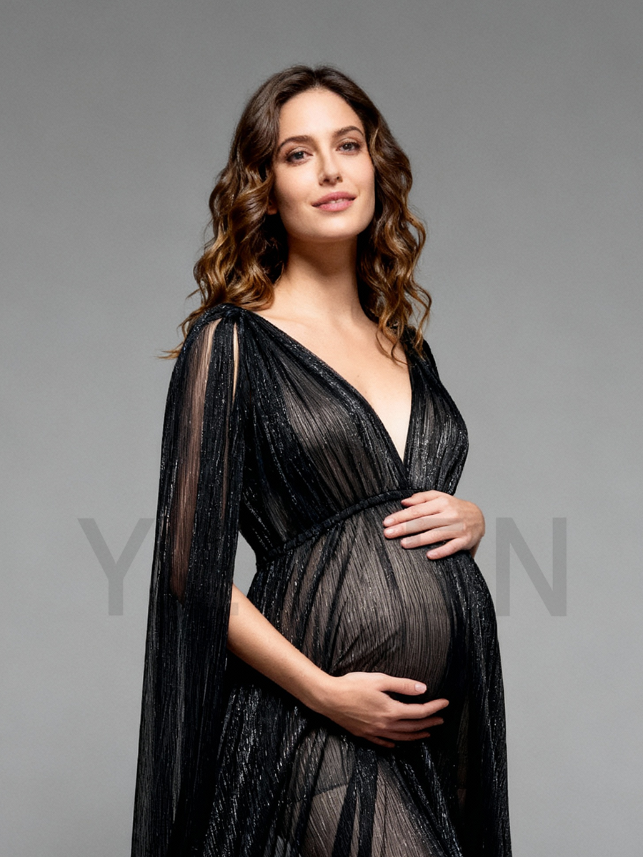 See Thru Black Long Cape Sleeves Mesh Maternity Dress for Photo Shoot