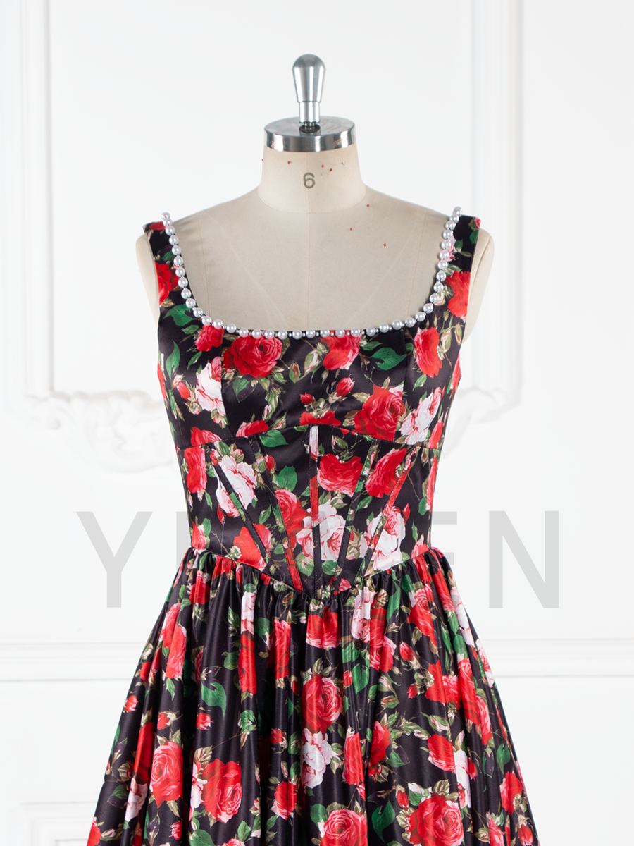 Long Satin Printed Floral Prom Dress A Line Evening Dress for Women 2025