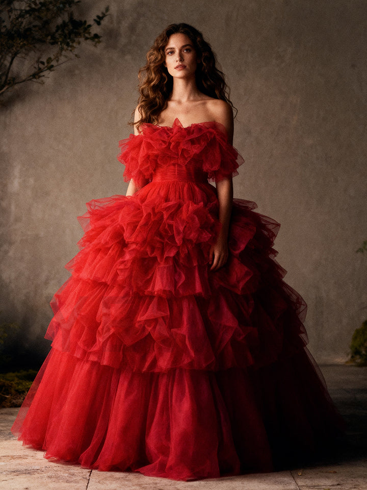 A Line Tulle Dress for Photoshoot Fluffy Ruffles Birthday Gown Bridal Shower Colored Wedding Dresses YEWEN YW250031