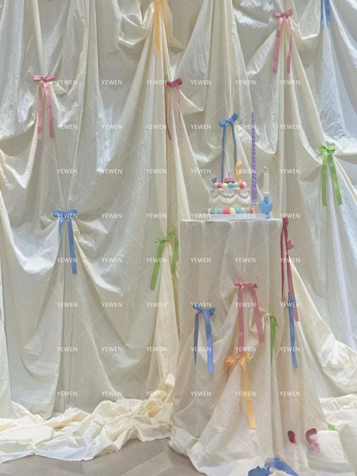 Off-white Bow Pleated Cotton Linen Backdrop Thickened Opaque Photography Background Cloth for Birthday Engagement Photo Props YW2603131D