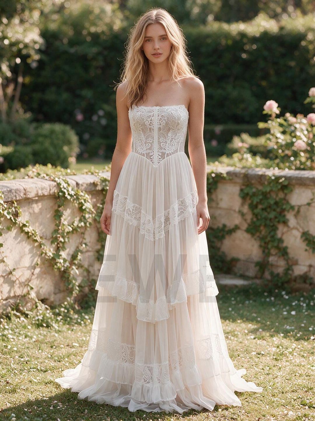 Ivory Strapless Sweetheart Lace Boho Wedding Dress with Tiered Ruffle Skirt