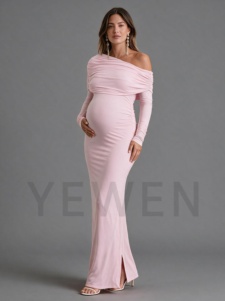 Baby Pink Ruched Long Sleeve Bodycon Maternity Maxi Dress for Baby Shower