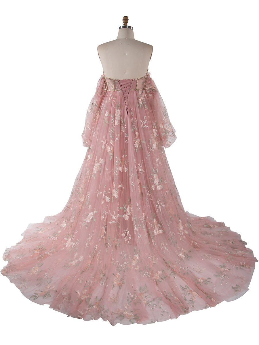 High Waist Maternity Dress for Photo Shoot Embroidery Tulle Long Sleeves Front Slit Maternity Gowns YW230306-1