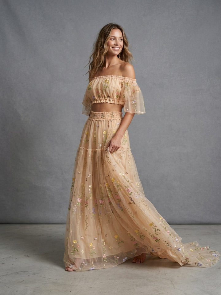Champagne Two-Piece Off-Shoulder Ruffle Floral Boho Dress TD260839