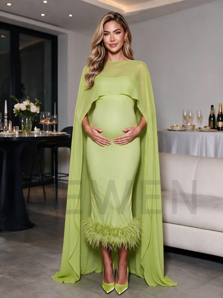 Green Ostrich Feather Hem Maternity Baby Shower Dress With Flowing Cape YD260835