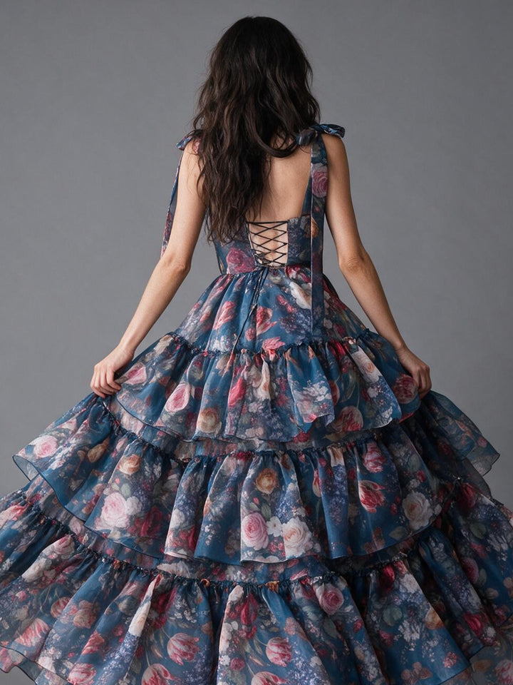 Blue Sweetheart Floral Print Tiered Ruffle Princess Dress YW2610134