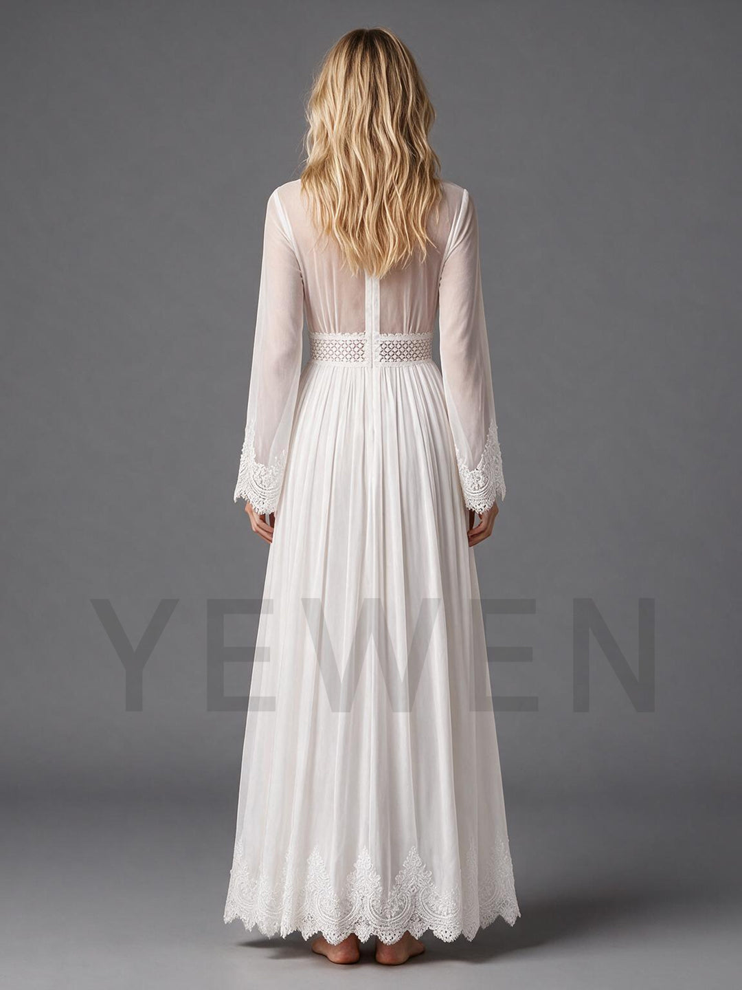 Ivory V-Neck Sheer Bell Sleeve Chiffon Lace Panel Boho Wedding Dress