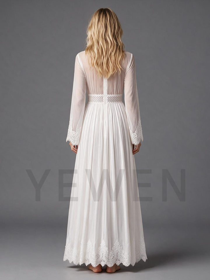 Ivory V-Neck Sheer Bell Sleeve Chiffon Lace Panel Boho Wedding Dress