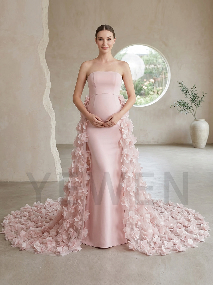 Strapless Swimwear Fabric 3D Floral Maternity Photoshoot Gown YD260907