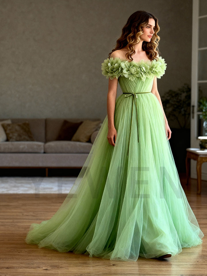 Off Shoulder 3D Floral Appliques Evening Dress Women Party Birthday Prom Dress