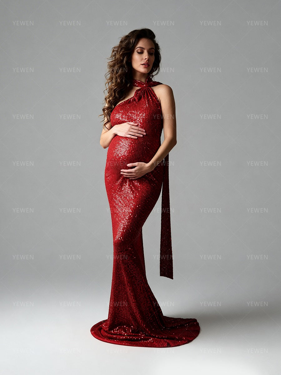 long red maternity dress Kate Long Sleeve Satin Custom Maternity Photoshoot Gowns, XXL / Custom size(please contact us)