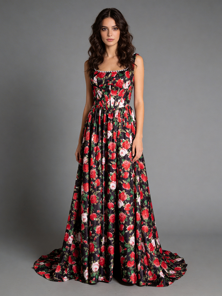 Long Satin Printed Floral Prom Dress A Line Evening Dress for Women 2025 YW250081
