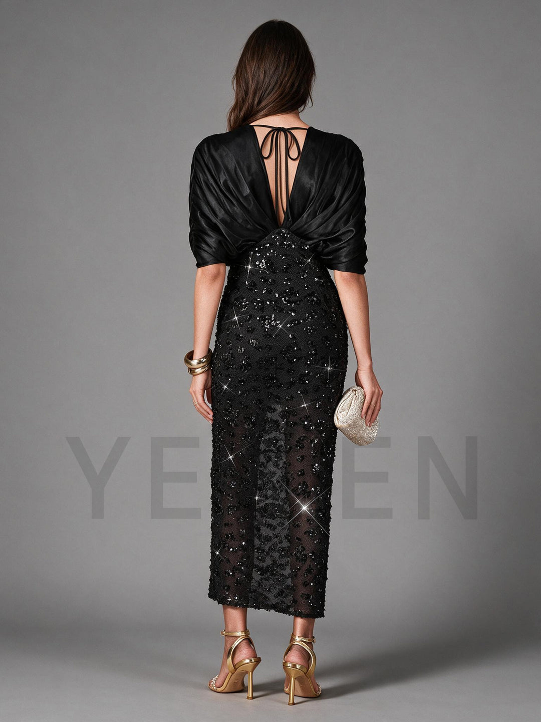 Black Satin Draped Overlay Sequin Midi Evening Dress YW2609282