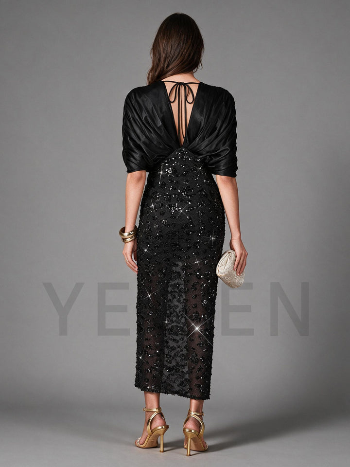 Black Satin Draped Overlay Sequin Midi Evening Dress YW2609282