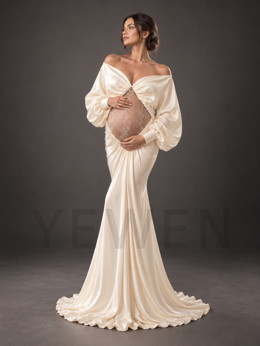 Off-Shoulder Sheer Lace Belly Maternity Photoshoot Gown HY269006