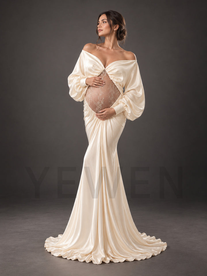 Off-Shoulder Sheer Lace Belly Maternity Photoshoot Gown HY269006