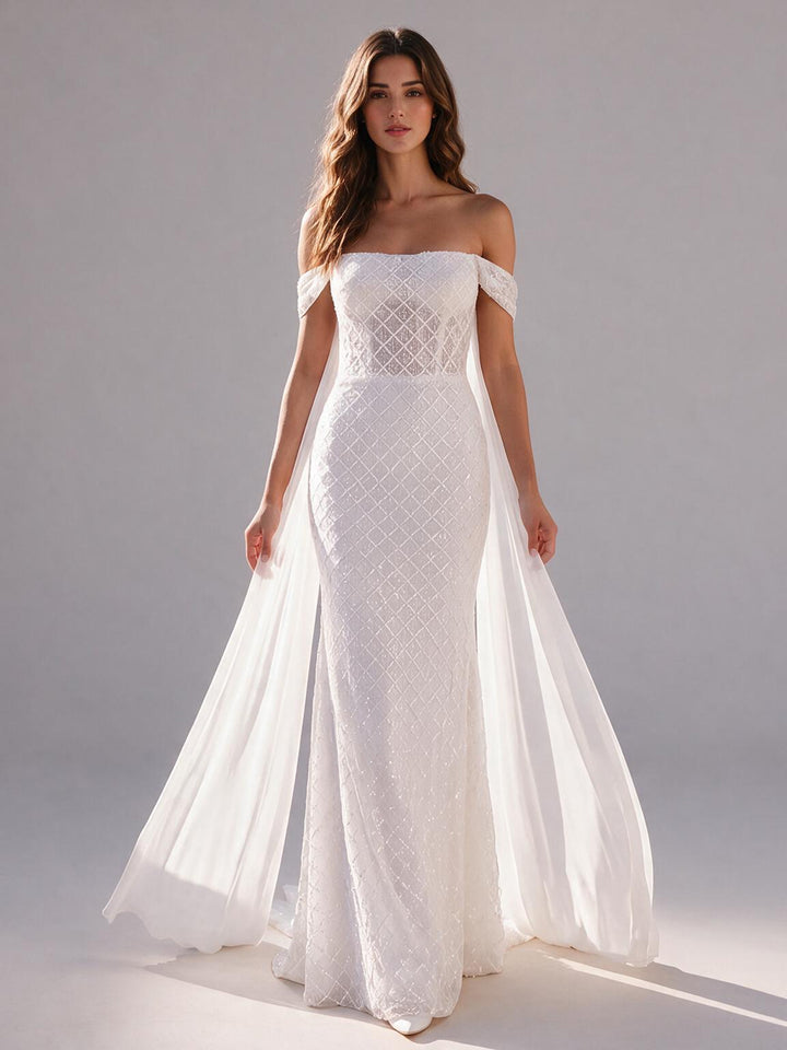 Ivory Off-Shoulder Diamond Lace Boho Wedding Dress with Draped Cape
