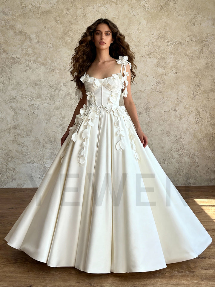 Romantic Petal Appliqués Straps Wedding Dress Satin Bridal Dress