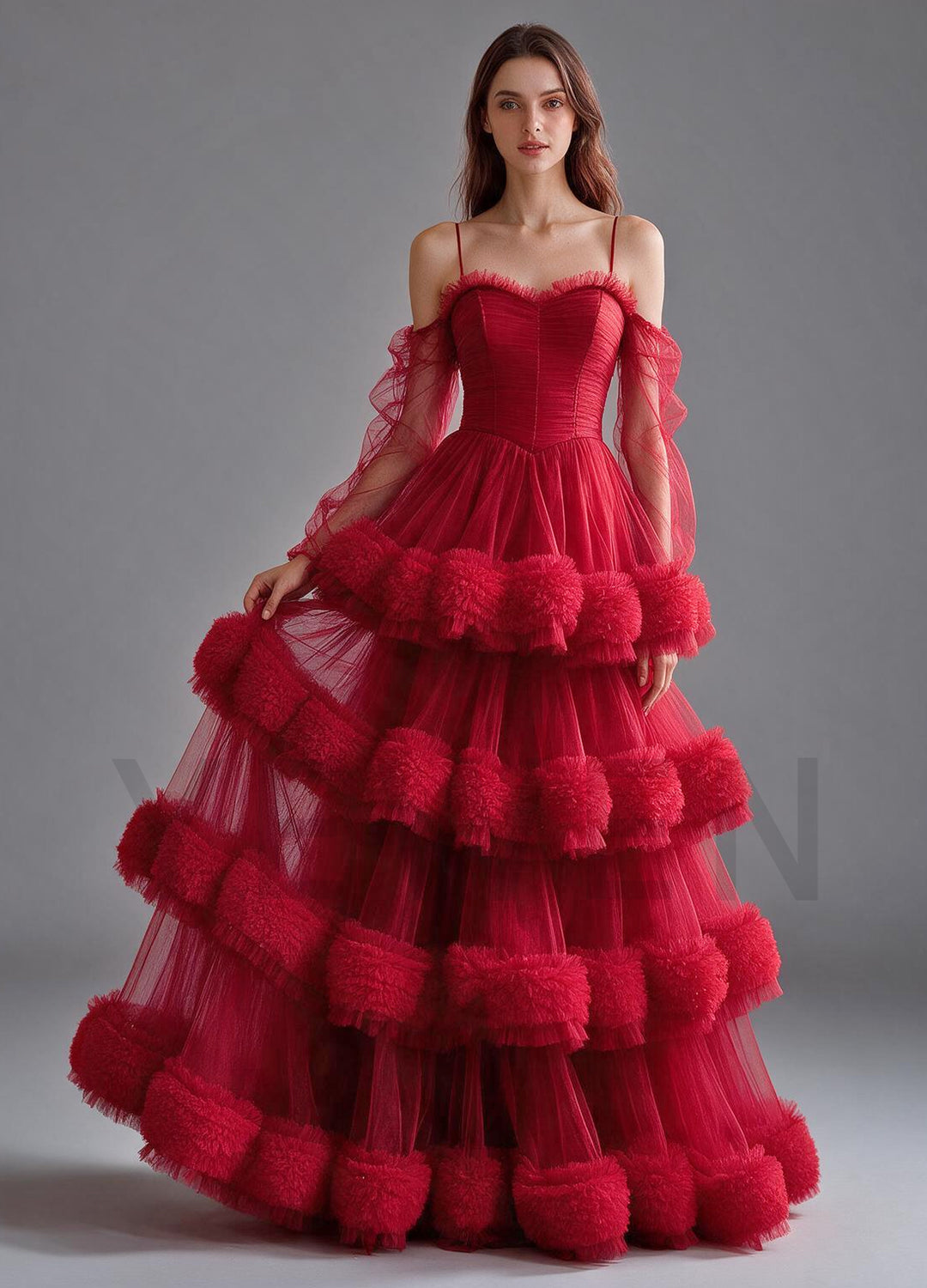 Off-Shoulder Puff Sleeve Evening Gown with Pom-Pom Tiered Skirt YX004