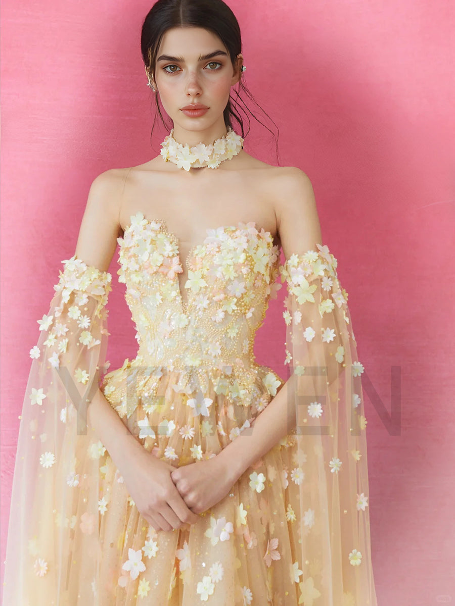 A Line Off Shoulder Evening Dress with  3D Floral Applique Prom Party Gown