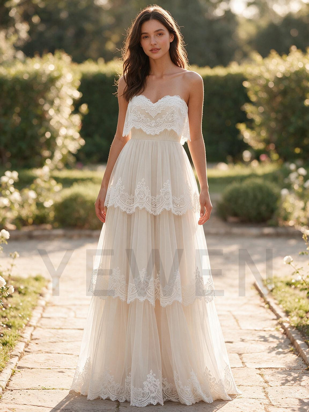 Ivory Strapless Sweetheart Layered Lace Boho Wedding Dress