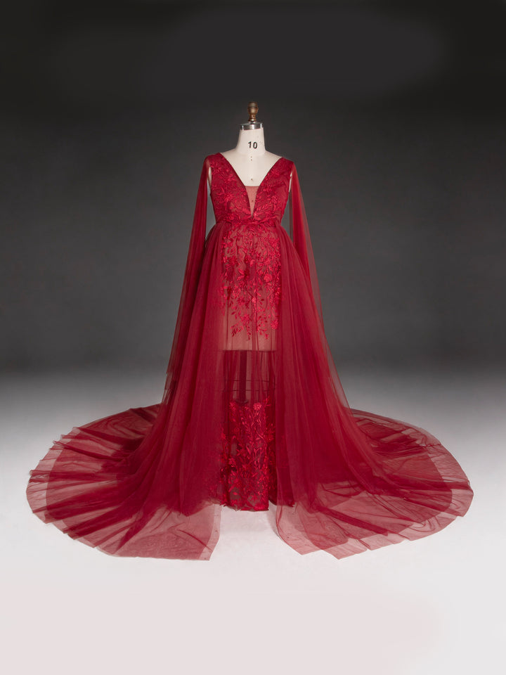 Sheer Tulle Dress Women Robe V Neck Beads Appliques Maternity Dress Shower Gown for Photography