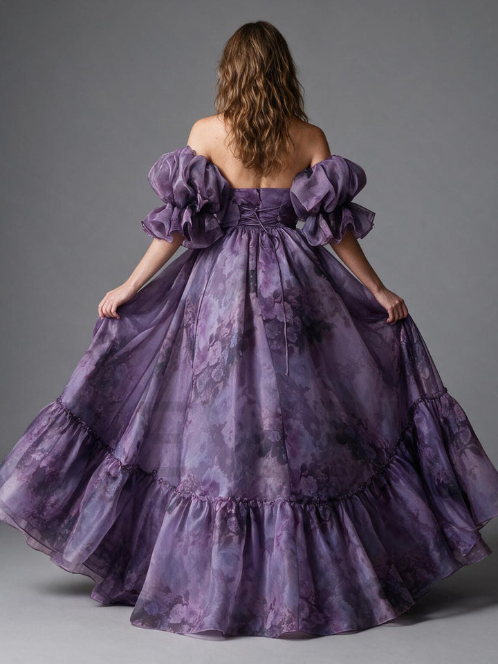 Floral Off-Shoulder Puff Sleeve Tiered Ruffle Princess Dress YW2610153