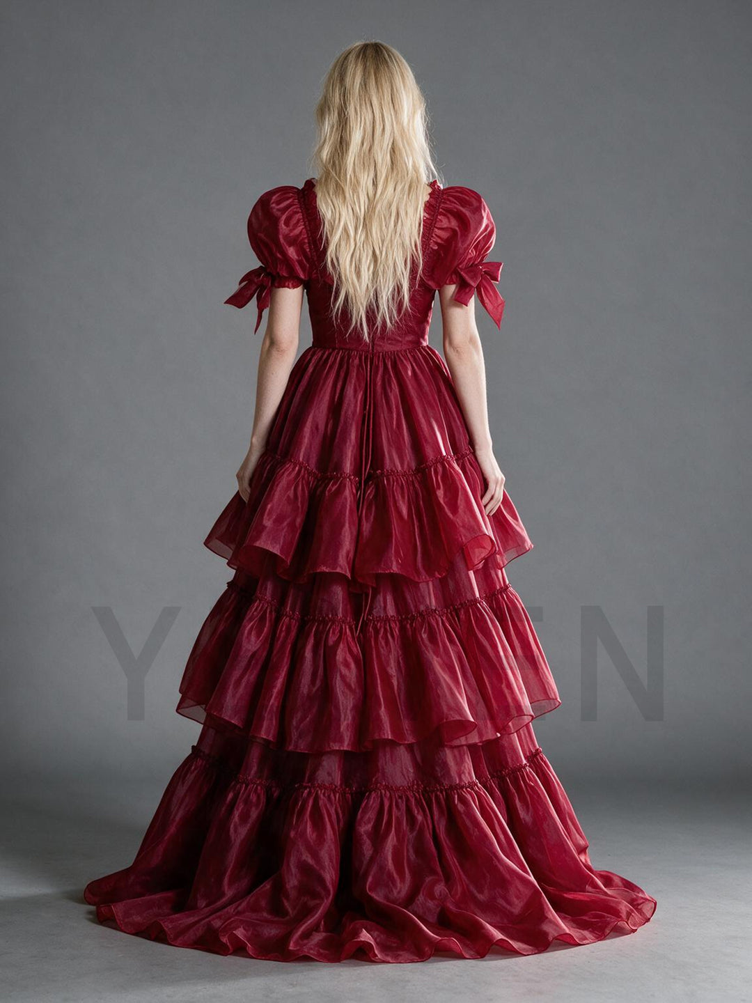 Burgundy Bow Sleeve Corset Tiered Ruffle Christmas Dress YW2610089