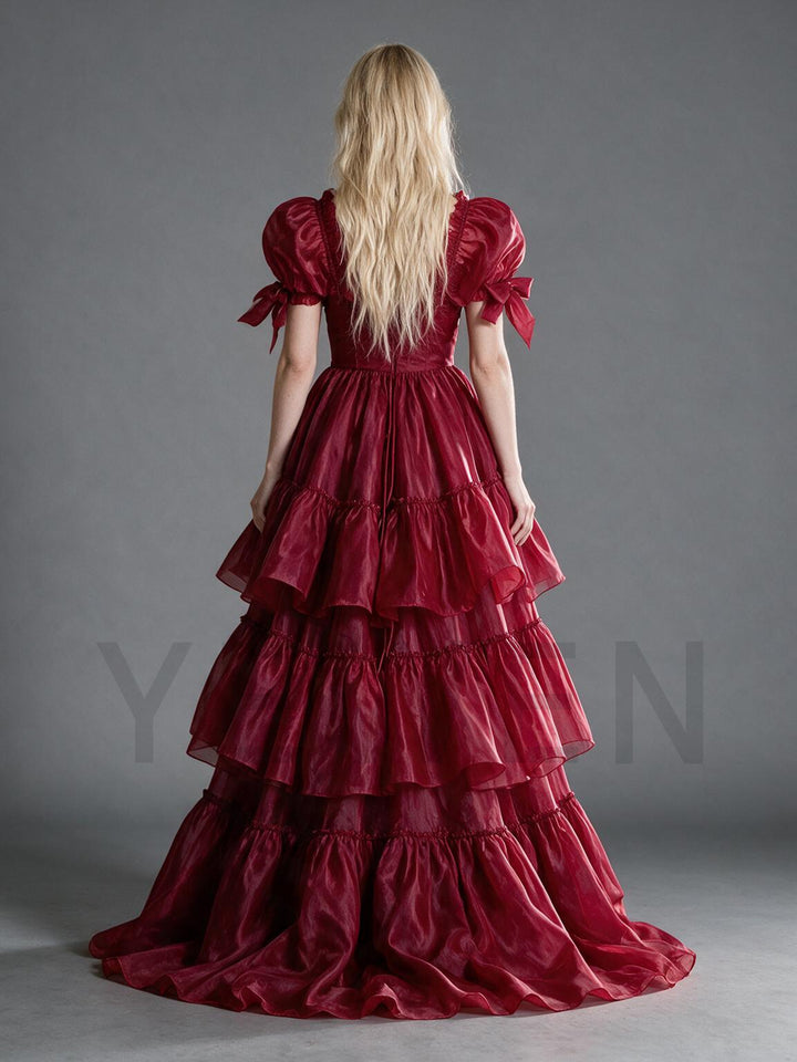 Burgundy Bow Sleeve Corset Tiered Ruffle Christmas Dress YW2610089