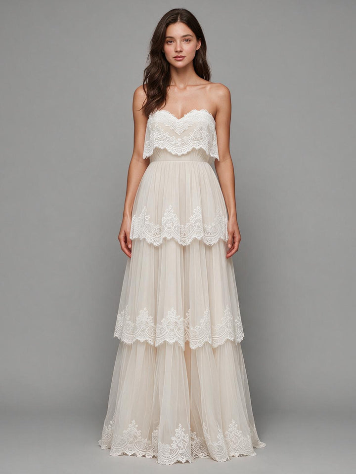 Ivory Strapless Sweetheart Layered Lace Boho Wedding Dress