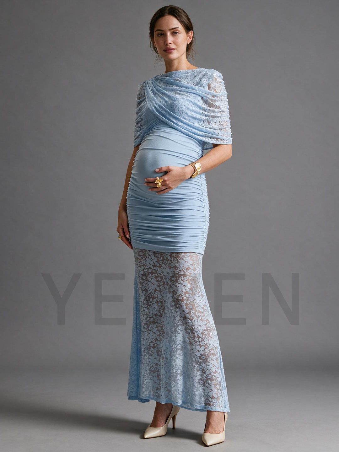 Light Blue Lace Cape Maternity Maxi Dress Baby Shower
