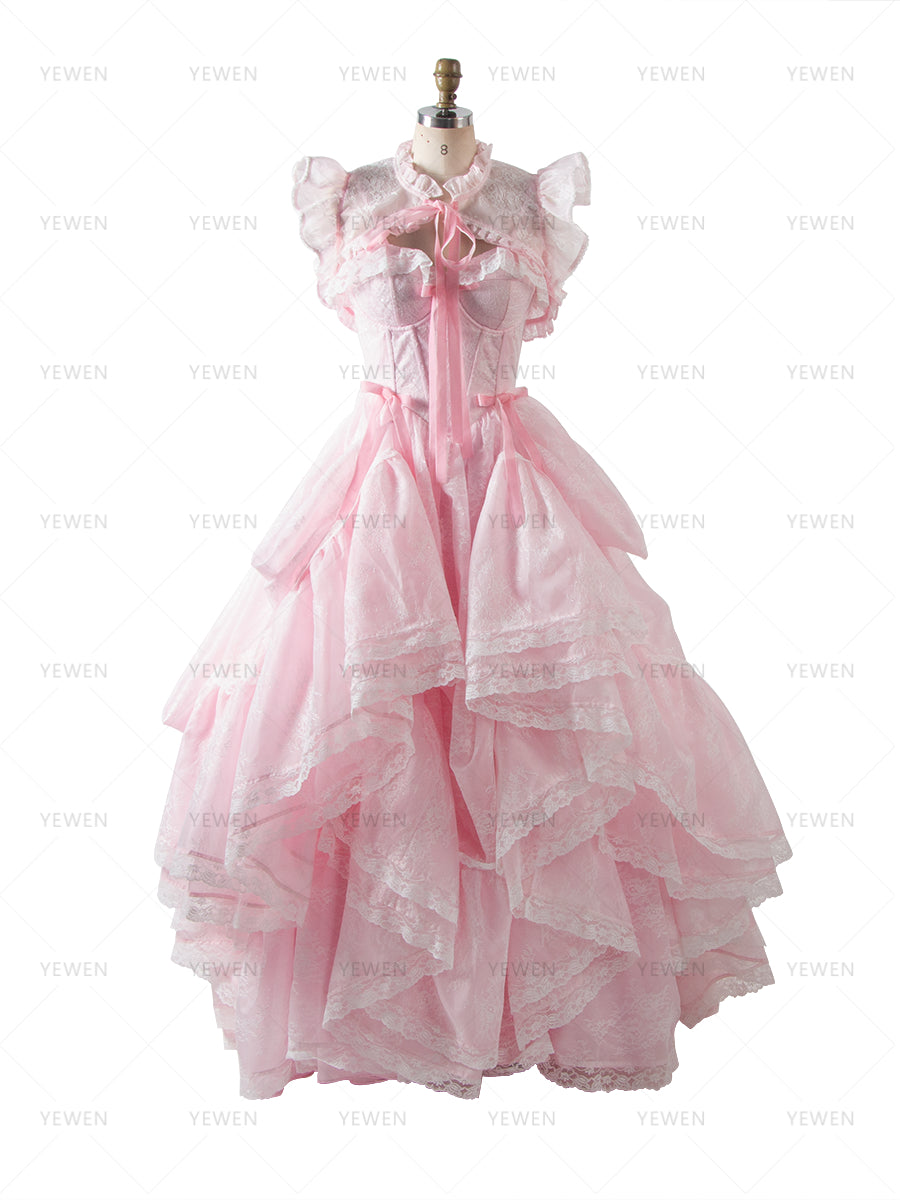Pink Lace Princess Dress with Adjustable Train Elegant Fairytale Ball Gown YW260240