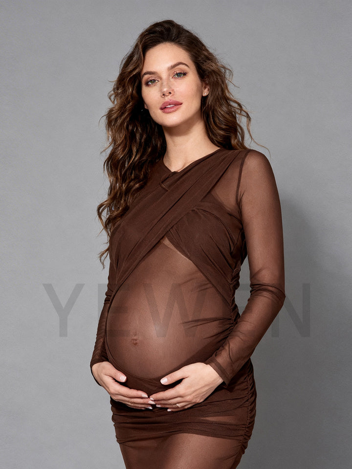 Brown Mesh Fold Long Sleeves Maternity Photo Shoot Dress Bodycon Dress for Pregnant Women