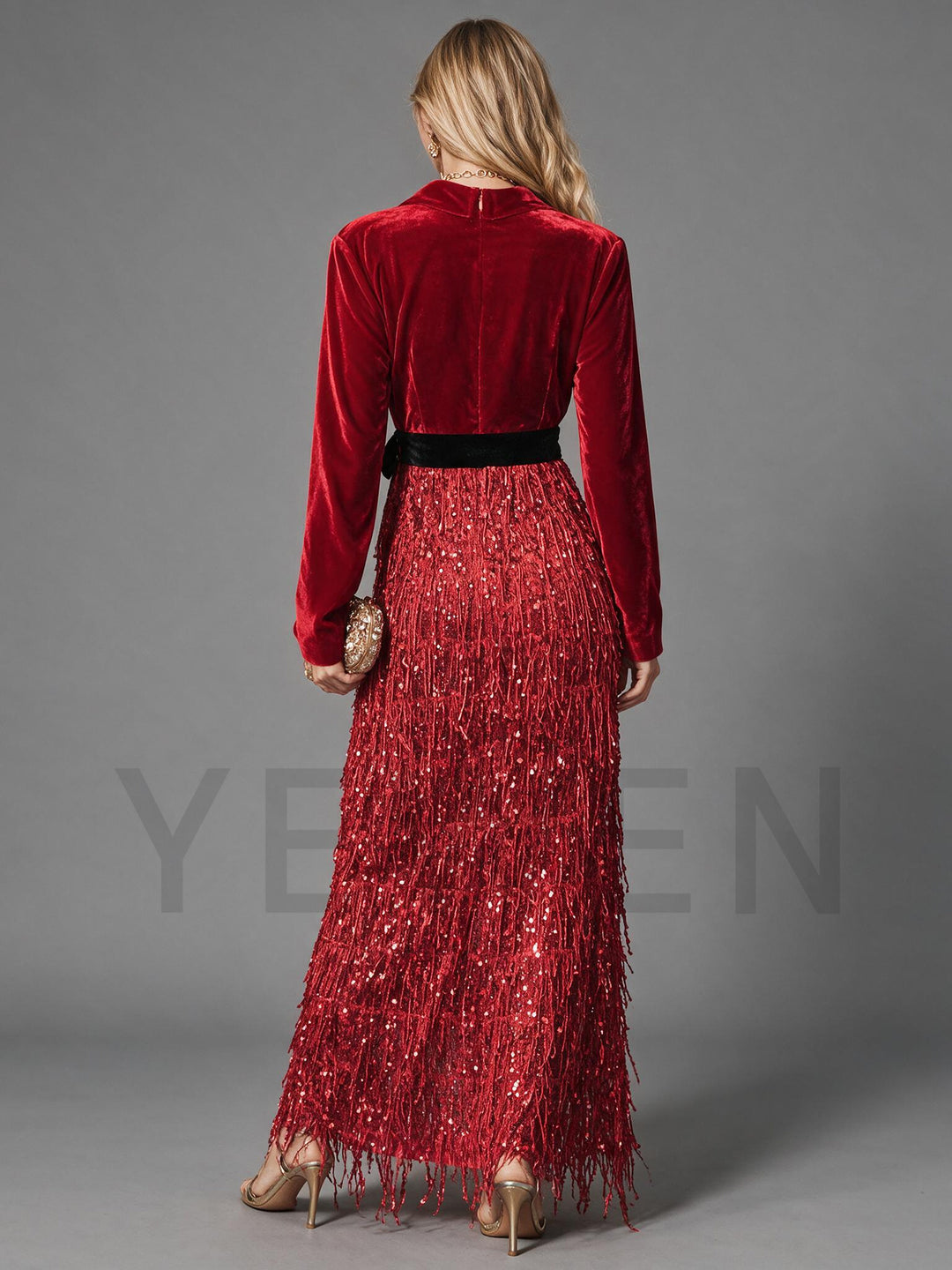 Velvet Lapel Sequin Fringe Christmas Dress with Maxi Skirt YW2609214