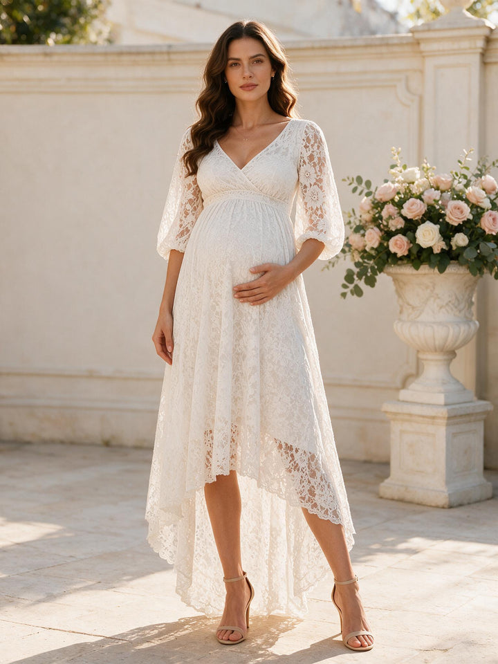 Elegant Ivory Lace High-Low Maternity Dress for Baby Shower
