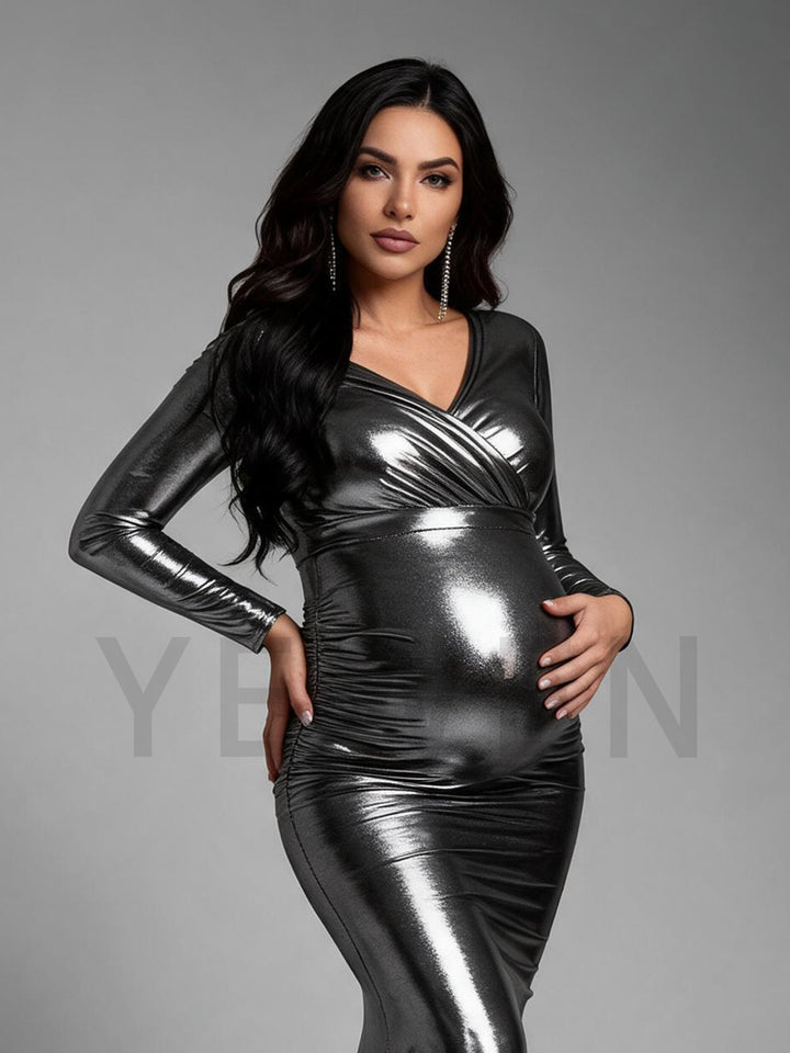 Silver Metallic Long Sleeve Mermaid Maternity Photoshoot Gown YW269304