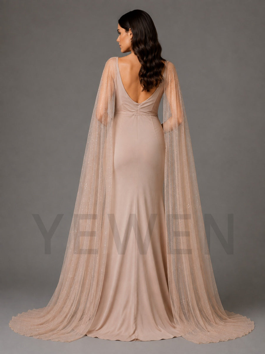 Nude Fitted Mermaid Maternity Baby Shower Dress with Sheer Cape L-26932