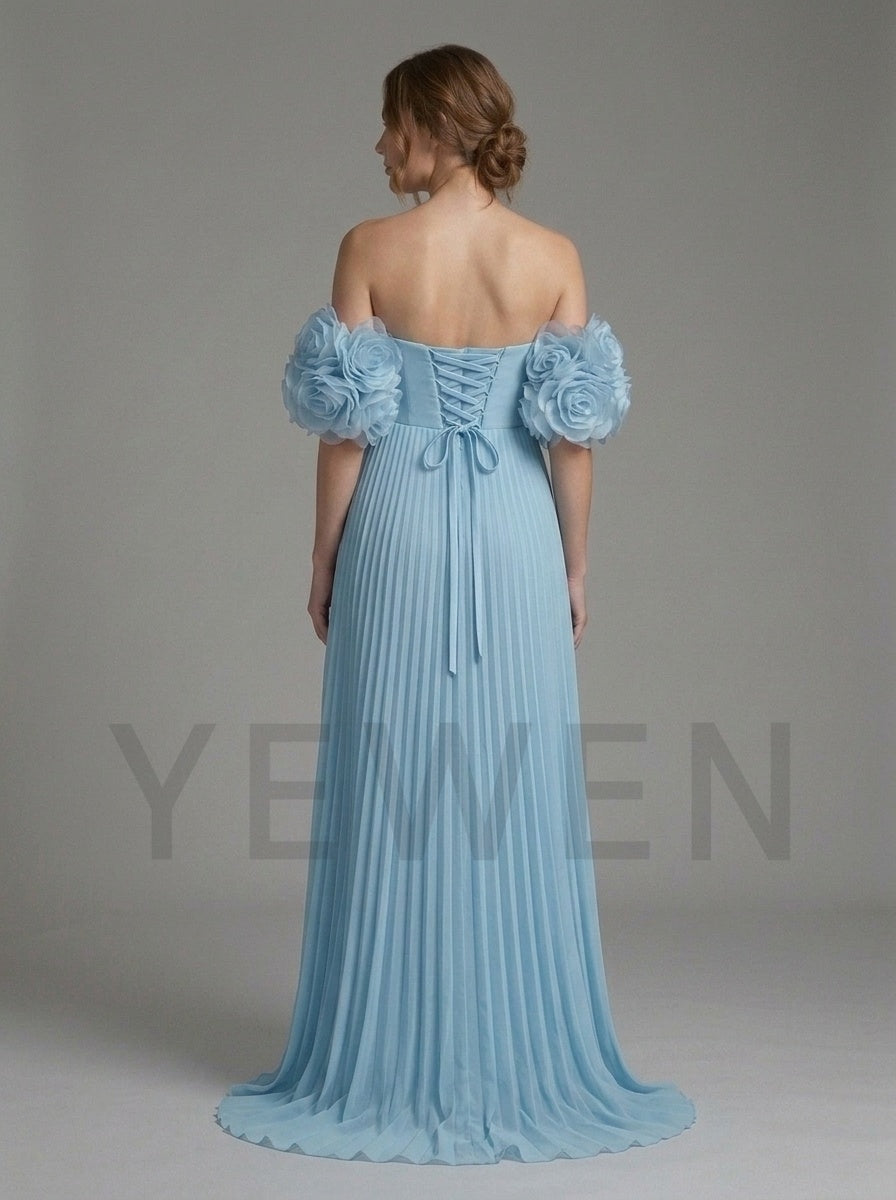 Blue 3D Rose Off-Shoulder Pleated Maternity Dress Baby Shower YD261023