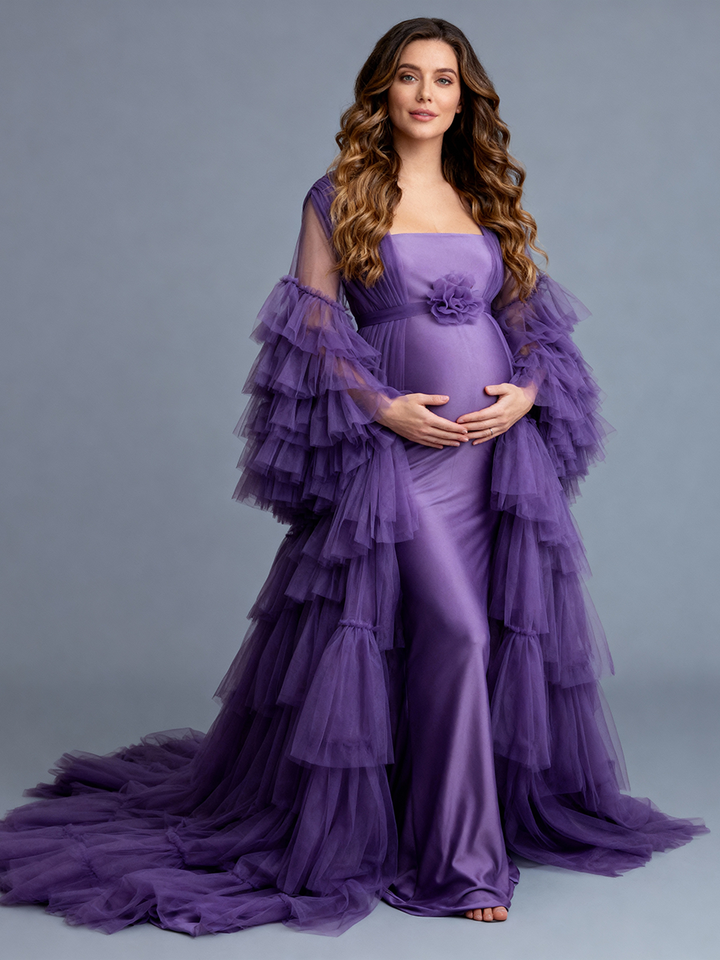 2 Piece Set Purple Maternity Photoshoot Dress Robe for Pregnancy Photography