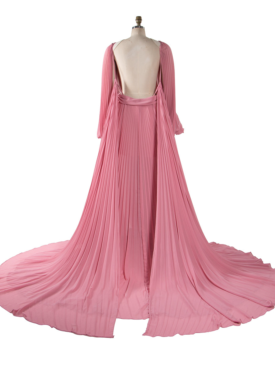 Flowing Pleated Blue Maternity Gown for Photoshoot Elegant Off Shoulder Pregnancy Dress with Long Train YW250071