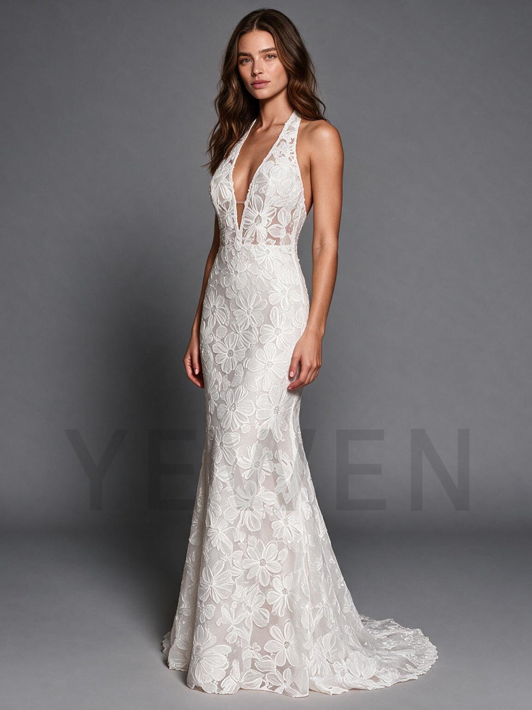 White Halter Deep V-Neck Floral Mermaid Wedding Dress