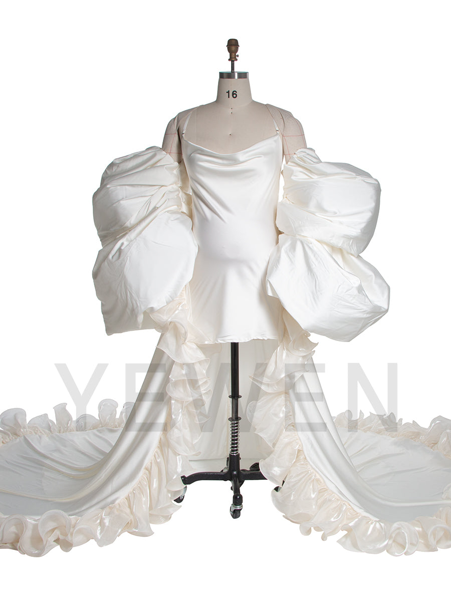 Satin Puffy Sleeves Maternity Photoshoot Dress Ruffle Pregnancy Photography Outfit YW250063