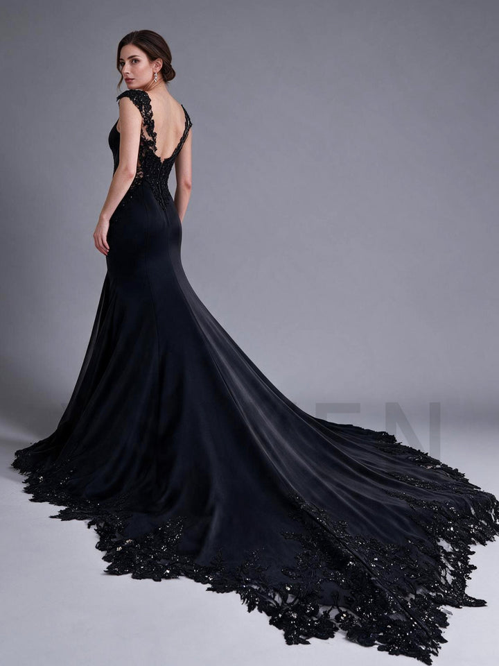 Deep V-Neck Sequin Sheer Lace Fitted Mermaid Evening Gown YX26104