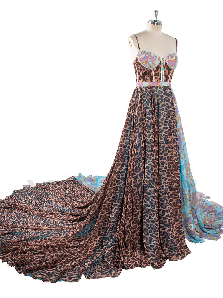 Luxury Leopard Print & Baroque Mixed Pattern Maxi Dress with Train for Women Photoshoot Outfit YW250066