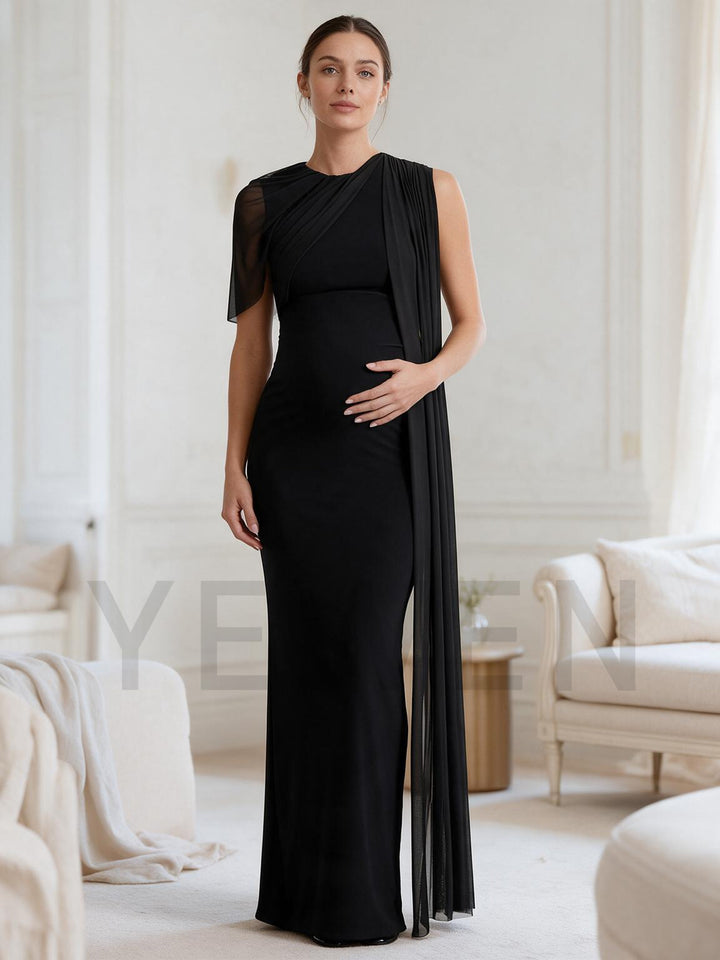 Black One-Shoulder Maternity Baby Shower Dress with Long Sheer Sash