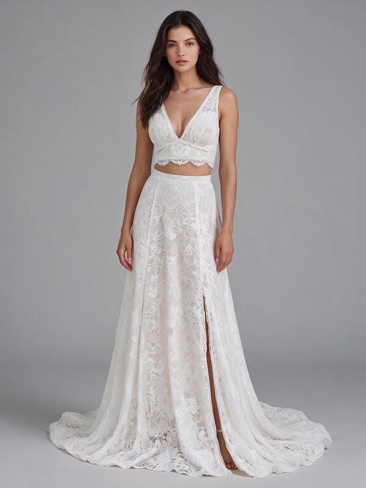 Ivory Two-Piece Floral V-Neck Lace Boho Wedding Dress