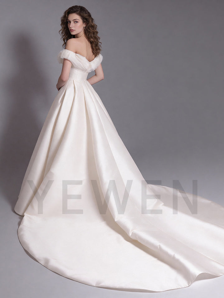 Elegant A Line Satin Wedding Dress Off Shoulder Sweep Train Bridal Gown 2026